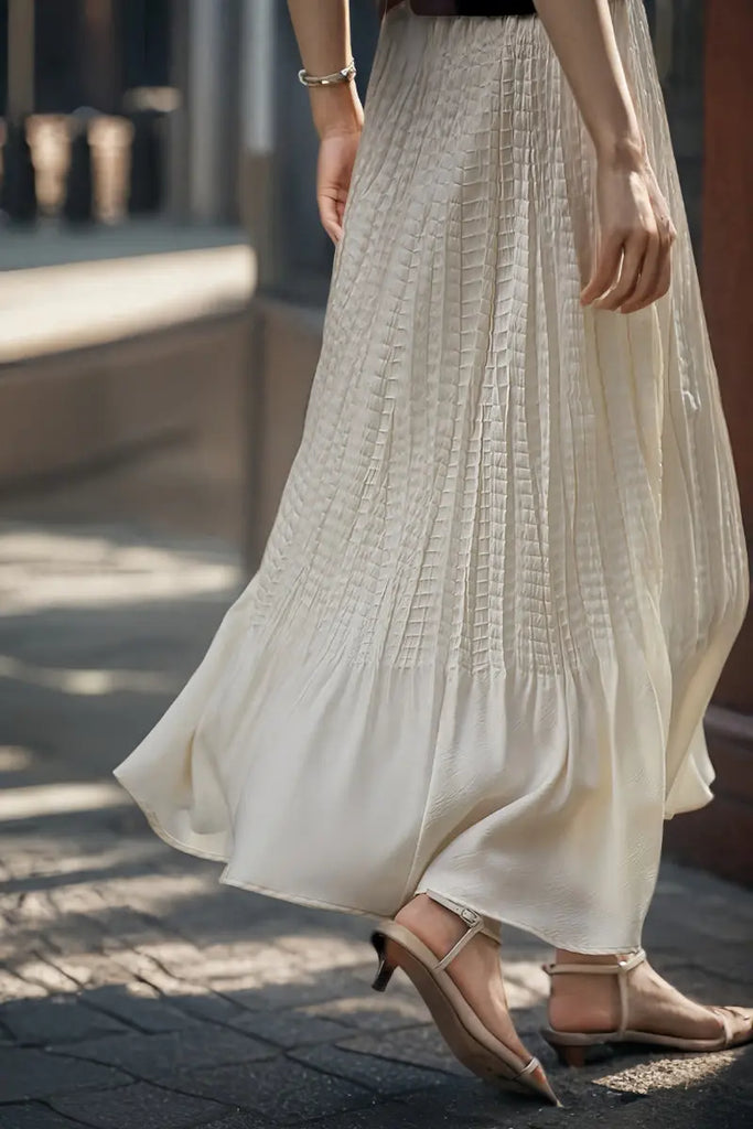 White Satin Grid-Pleated Mermaid Midi Skirt  Fibflx
