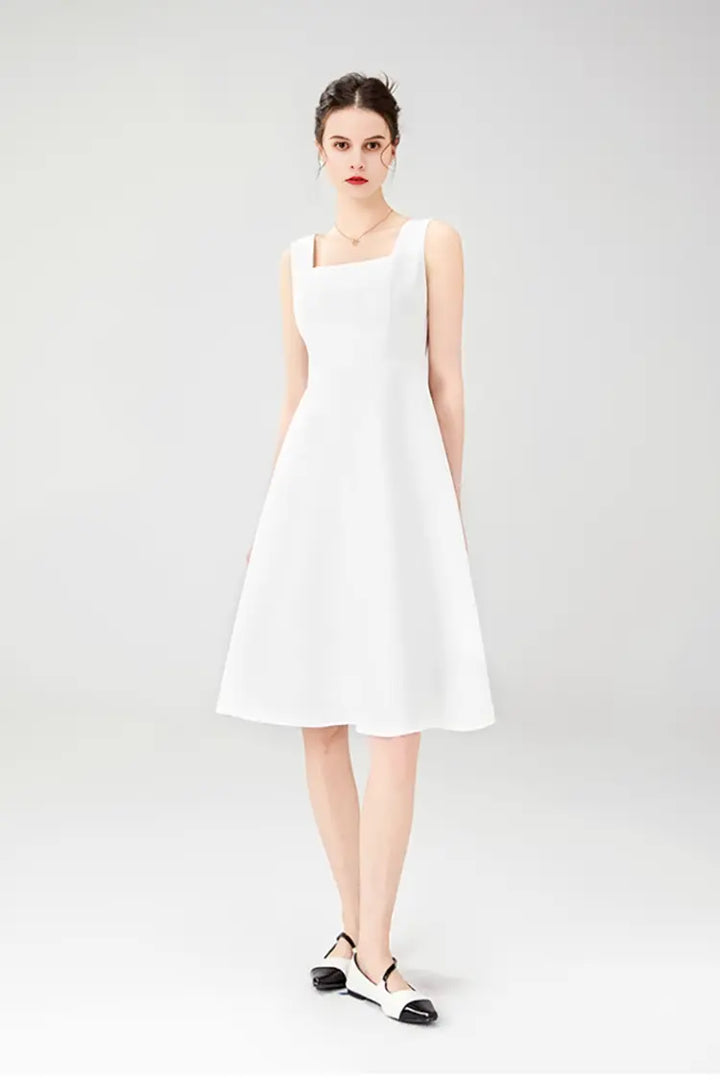 White Square Neck Dress with Wide Strap S / White / 90% Polyester 10% Spandex