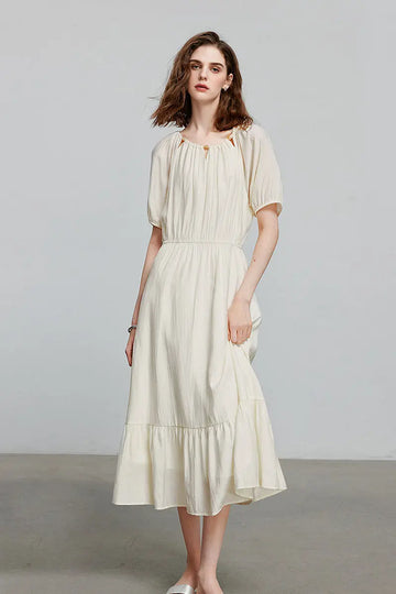 White Textured Vacation Midi Dress with Beaded Neckline Fibflx