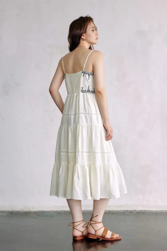 White Tiered Embroidered Spaghetti-Strap Midi Dress  Fibflx