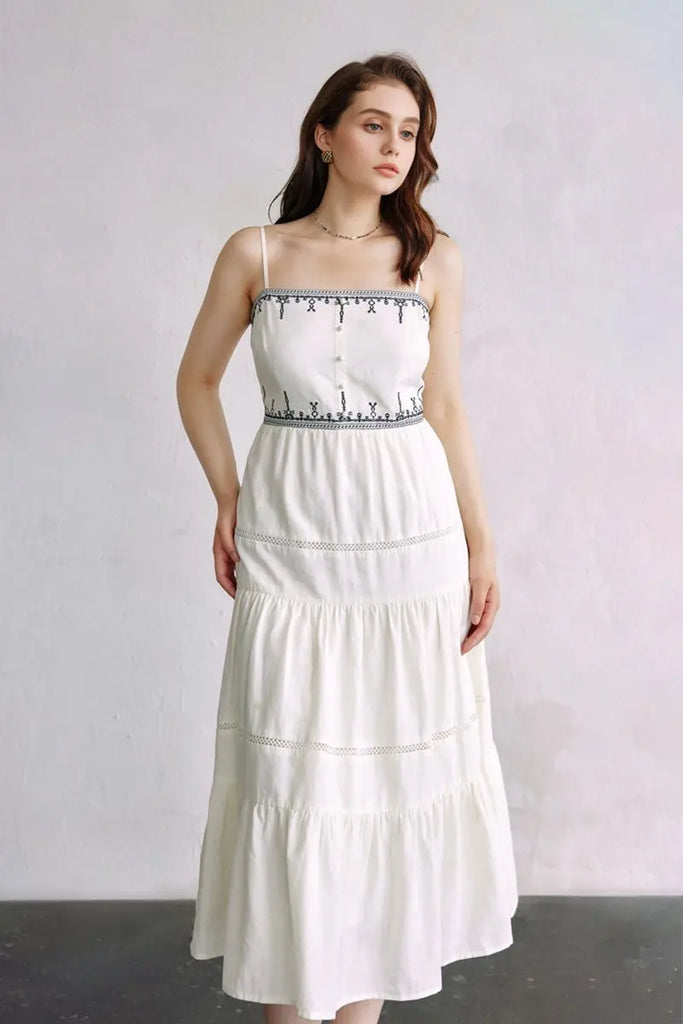 White Tiered Embroidered Spaghetti-Strap Midi Dress  Fibflx