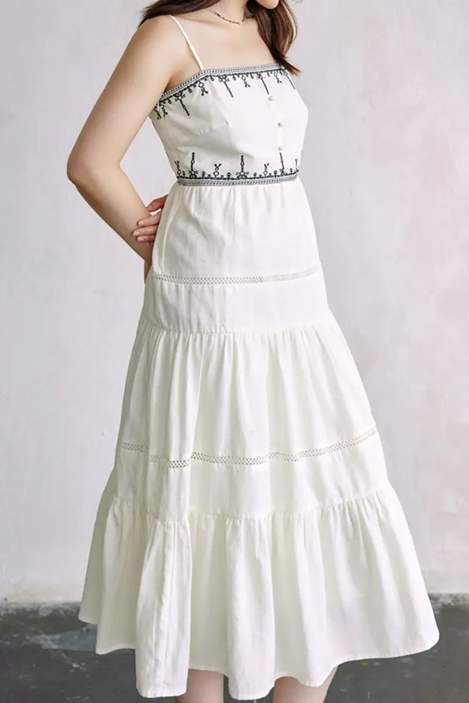 White Tiered Embroidered Spaghetti-Strap Midi Dress  Fibflx