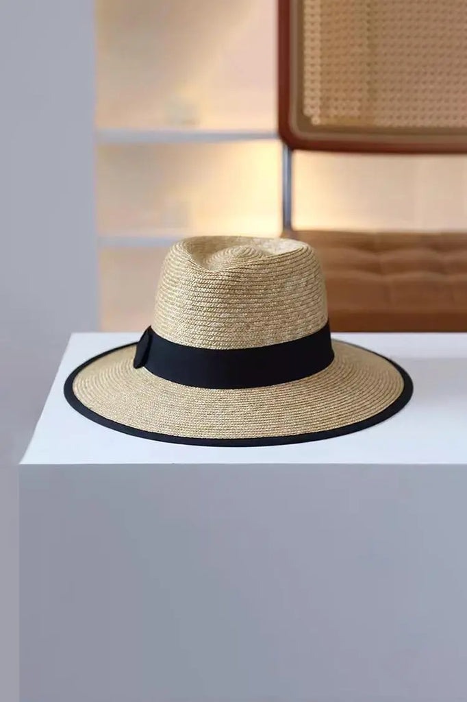 Fibflx Women's Wide Brim Straw Fedora Hat with Black Ribbon