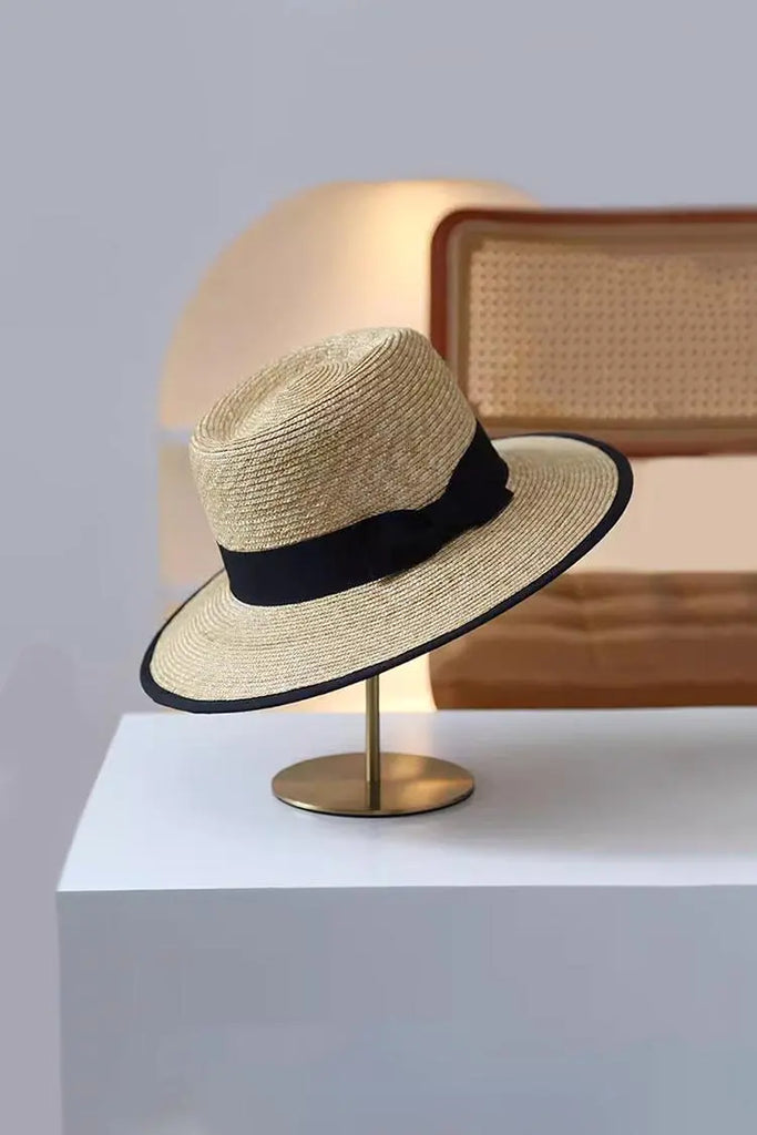 Fibflx Women's Wide Brim Straw Fedora Hat with Black Ribbon