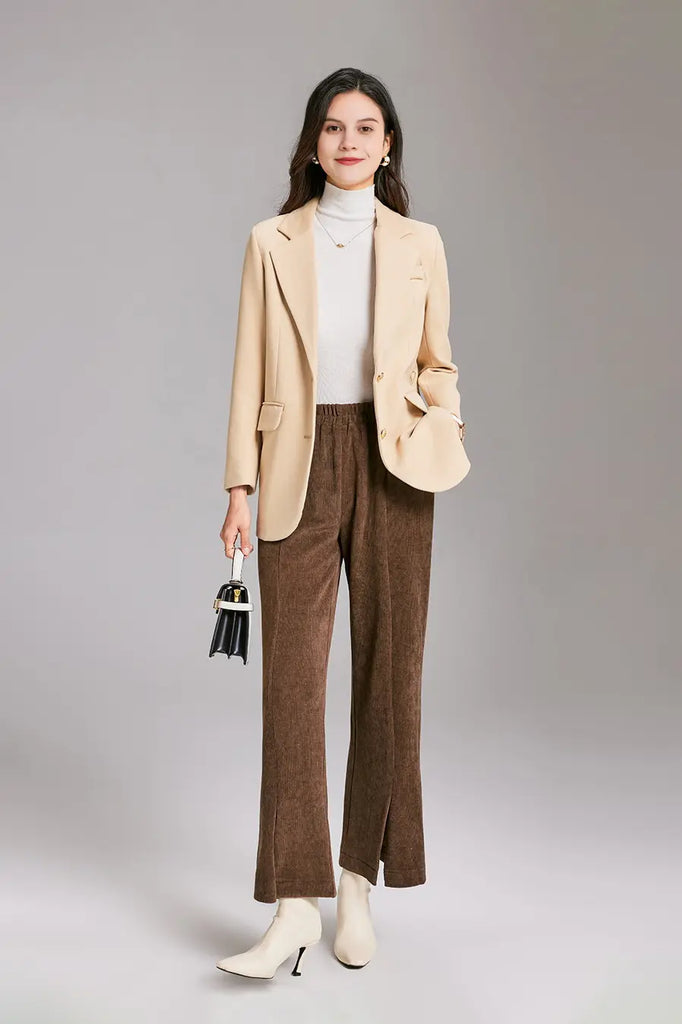 Wide-leg Front Split Pull-on Corduroy Pants Fibflx