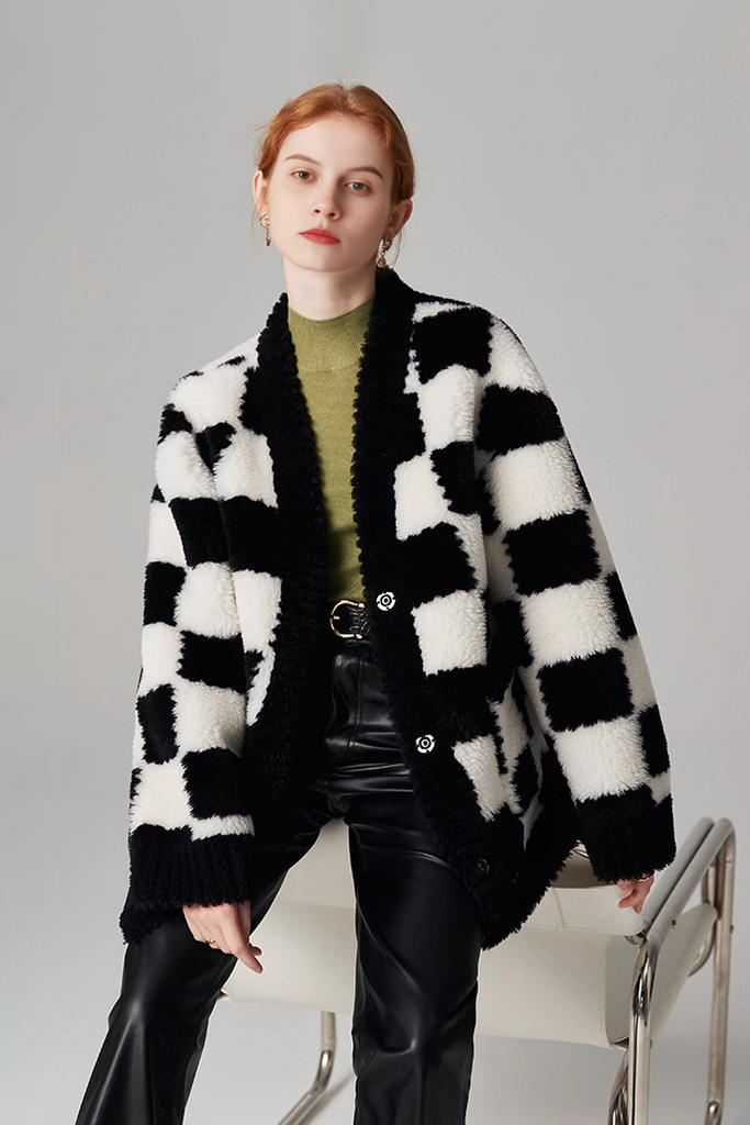Women's Black and White Checkered Mid-length Shearling Coat