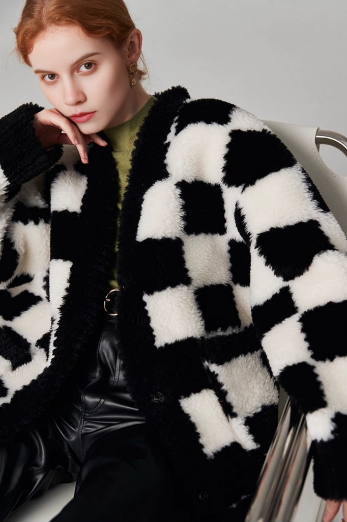 Women's Black and White Checkered Mid-length Shearling Coat
