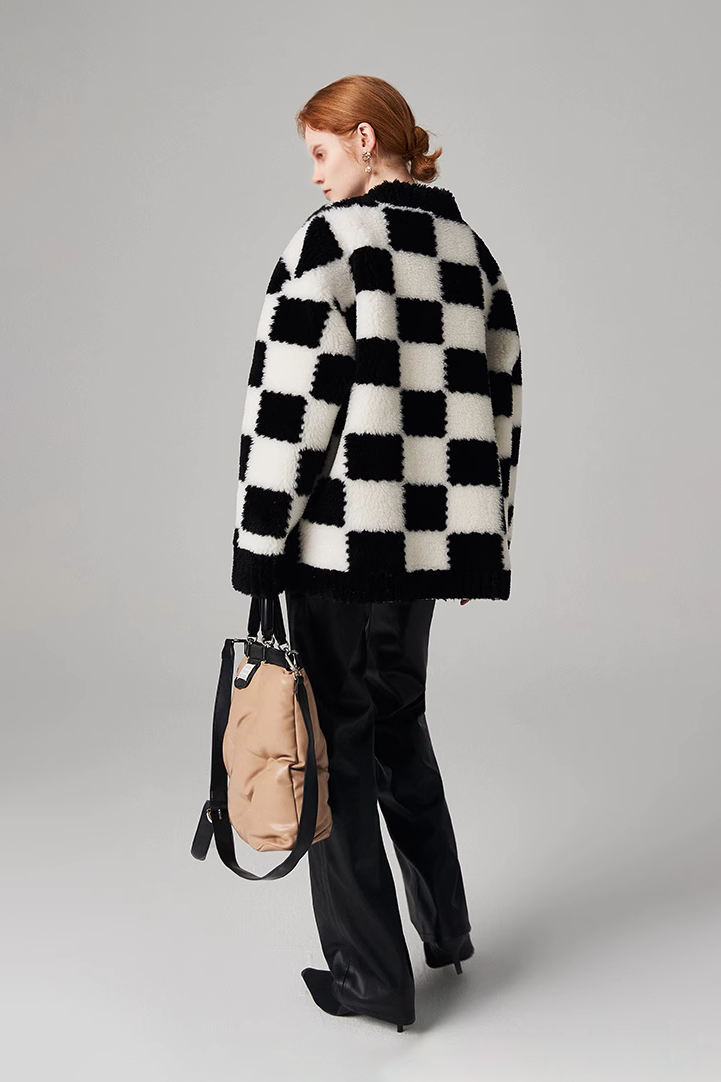 Fibflx Womens Checkered Shearling Jacket Coatigan