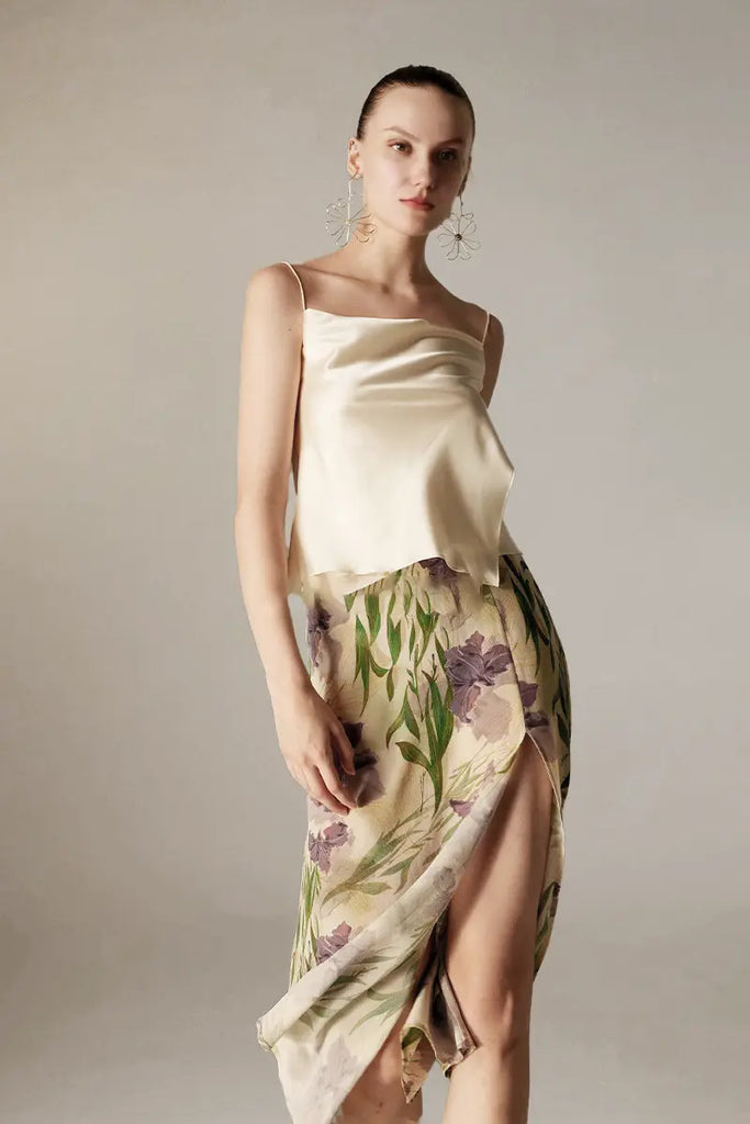Fibflx Women's Floral Print Silk Midi Skirt with Side Slit