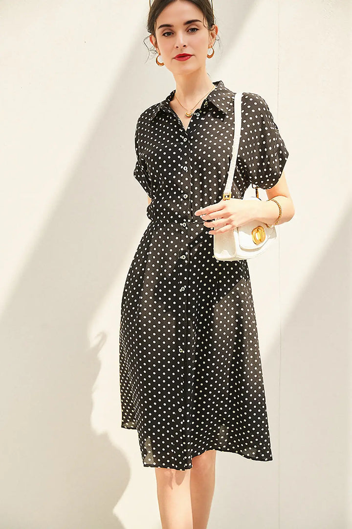 Fibflx Women's Heavyweight Mulberry Silk Polka Dot Printed Silk Long Dress
