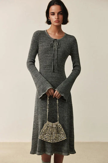Fibflx Women's Wool Blend Long Sleeve Fit & Flare Midi Sweater Dress with Bow Detail