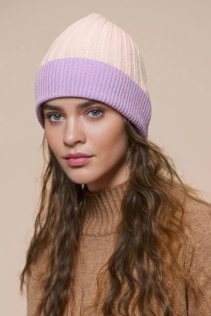 Fibflx Women's Wool-Cashmere Colorblock Ribbed Knit Beanie Hat
