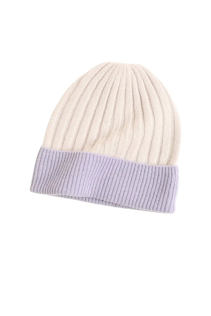 Fibflx Women's Wool-Cashmere Colorblock Ribbed Knit Beanie Hat