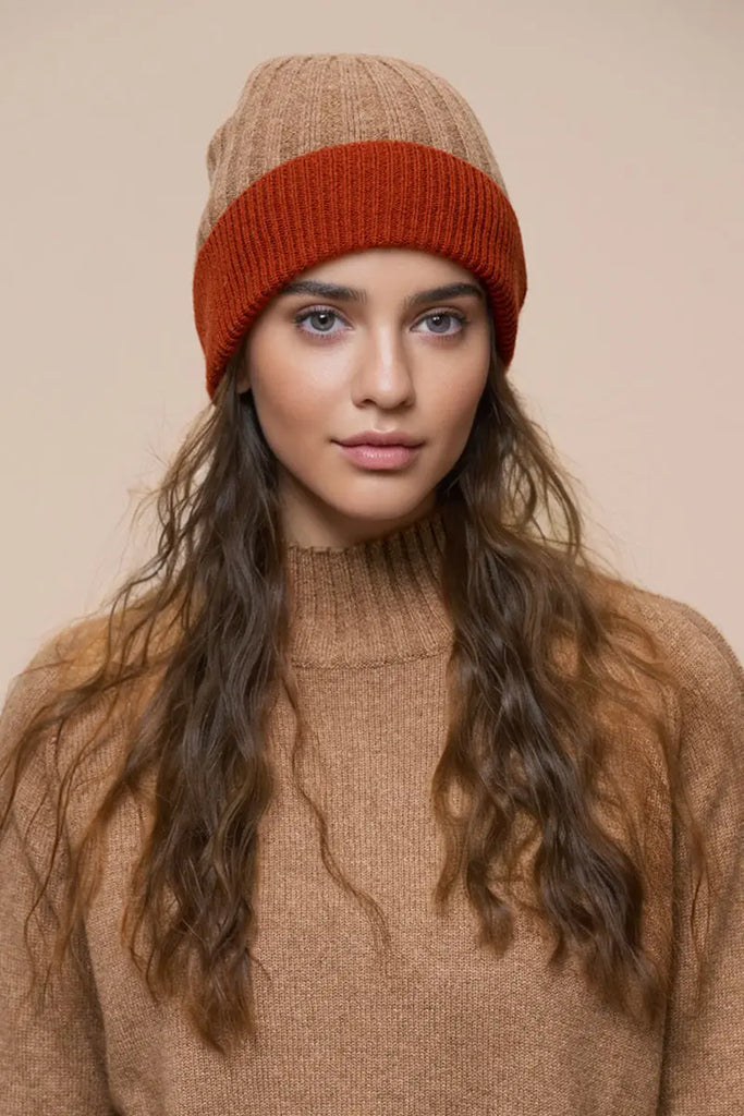 Fibflx Women's Wool-Cashmere Colorblock Ribbed Knit Beanie Hat
