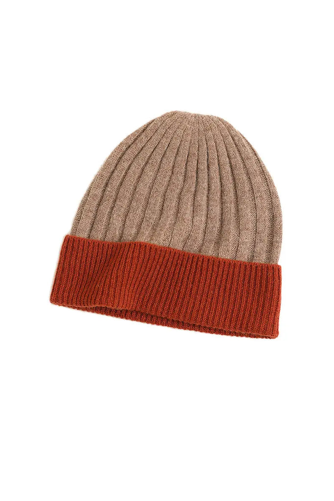 Fibflx Women's Wool-Cashmere Colorblock Ribbed Knit Beanie Hat