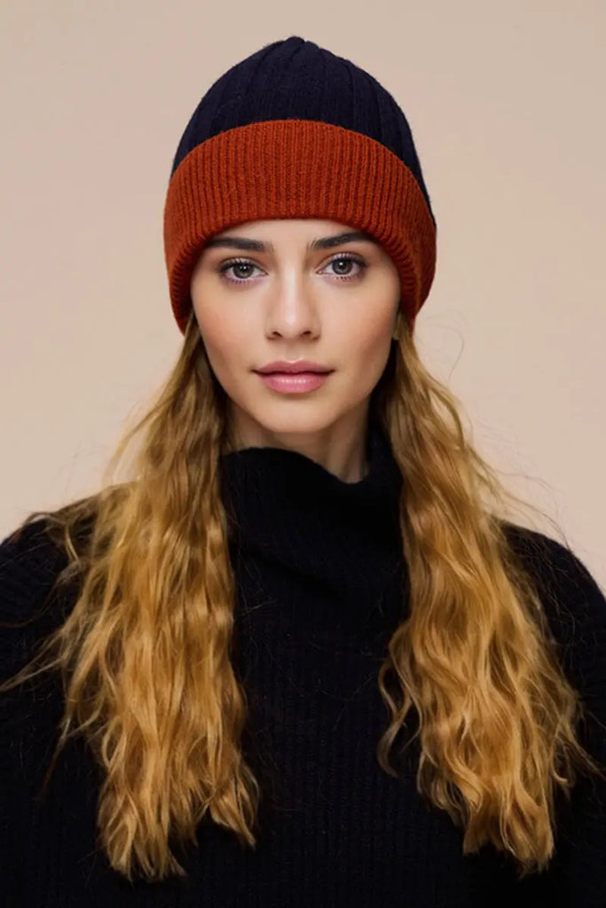 Fibflx Women's Wool-Cashmere Colorblock Ribbed Knit Beanie Hat
