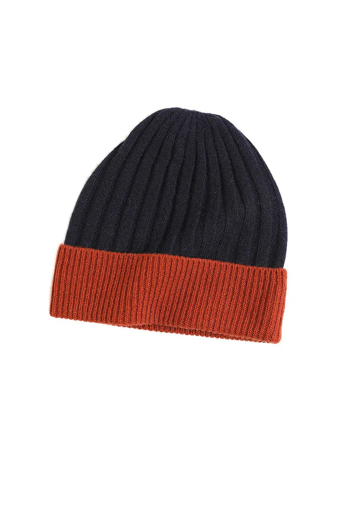 Fibflx Women's Wool-Cashmere Colorblock Ribbed Knit Beanie Hat