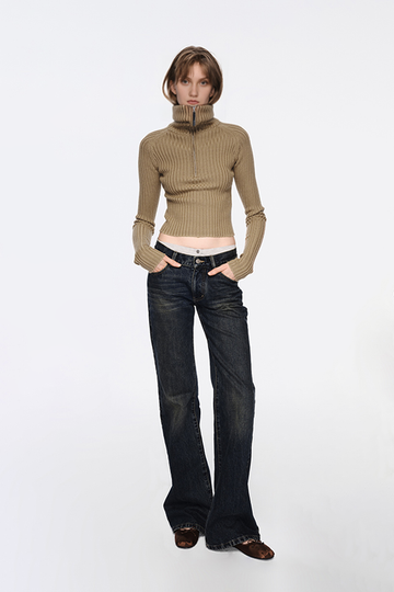 Fibflx Women's Wool Ribbed Quarter Zip Sweater