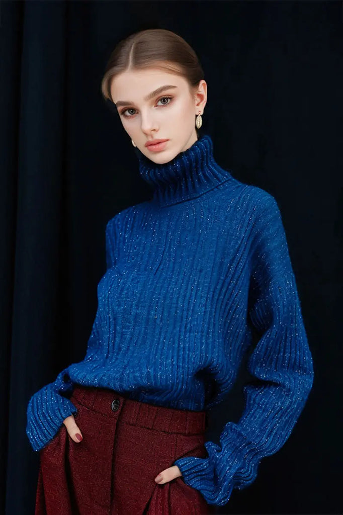 Fibflx Women's Wool Ribbed Turtleneck Shimmer Sweater in Royal Blue