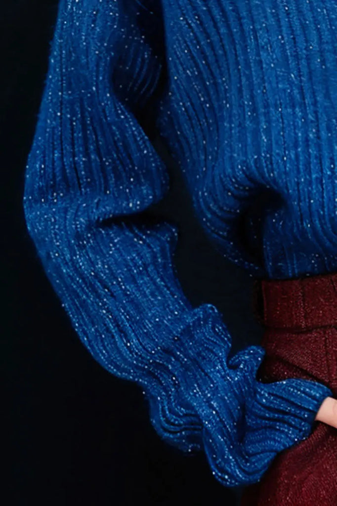 Fibflx Women's Wool Ribbed Turtleneck Shimmer Sweater in Royal Blue