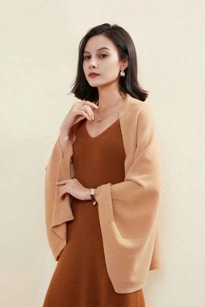 Wool Shawl Wrap with Rib Knit Cuffs Fibflx