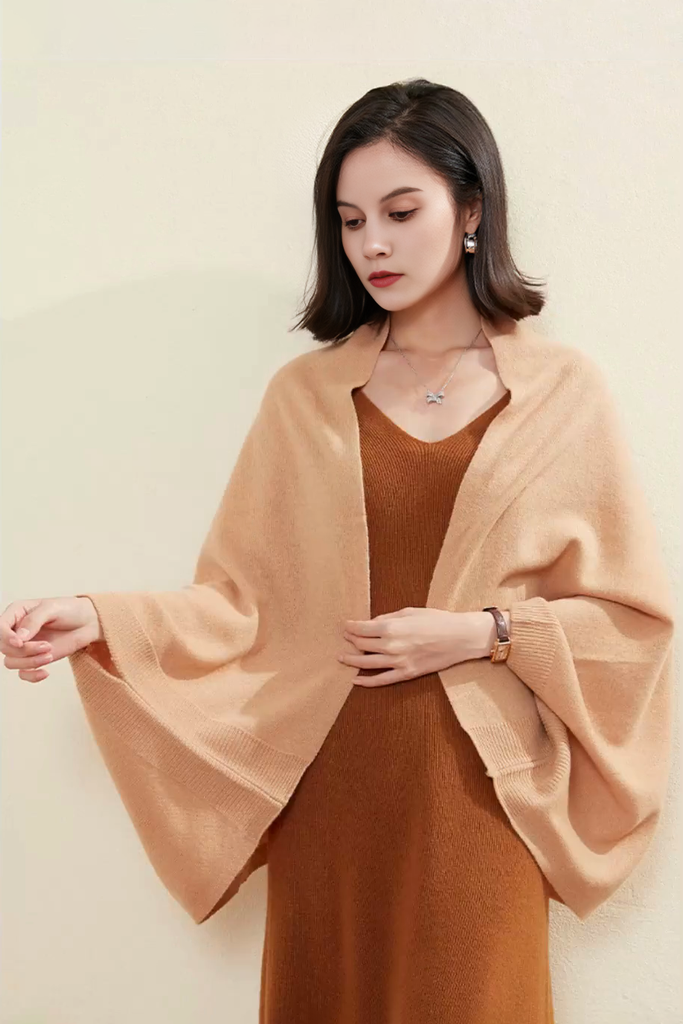 Wool Shawl Wrap with Rib Knit Cuffs Fibflx