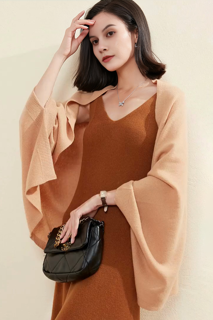 Wool Shawl Wrap with Rib Knit Cuffs Fibflx