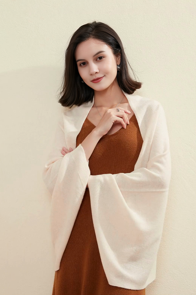 Wool Shawl Wrap with Rib Knit Cuffs Fibflx