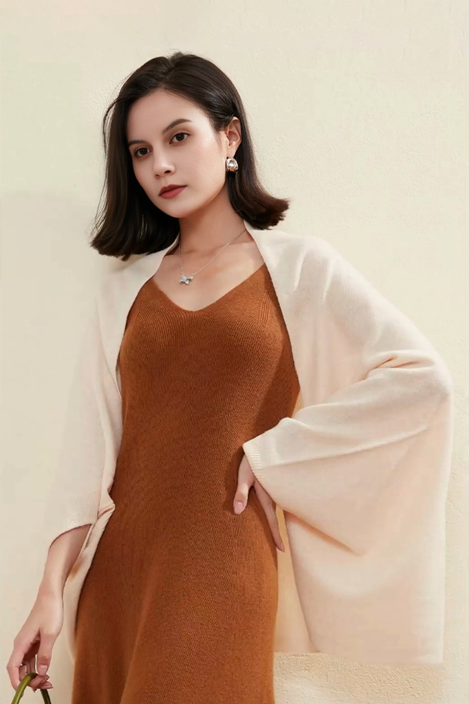 Wool Shawl Wrap with Rib Knit Cuffs Fibflx