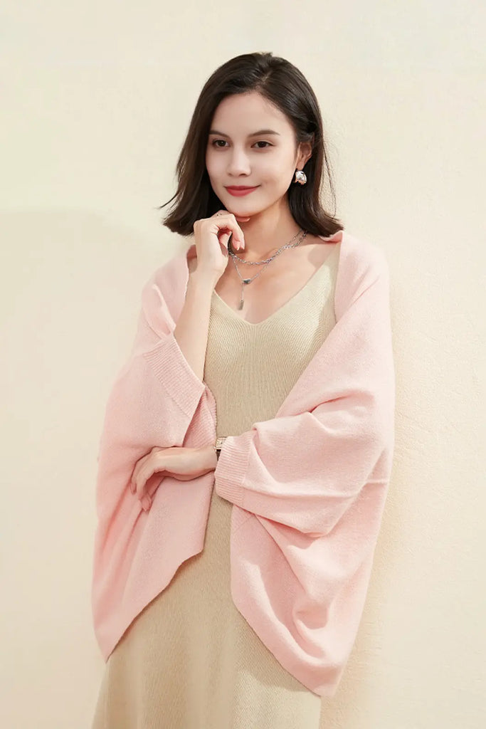 Wool Shawl Wrap with Rib Knit Cuffs Fibflx