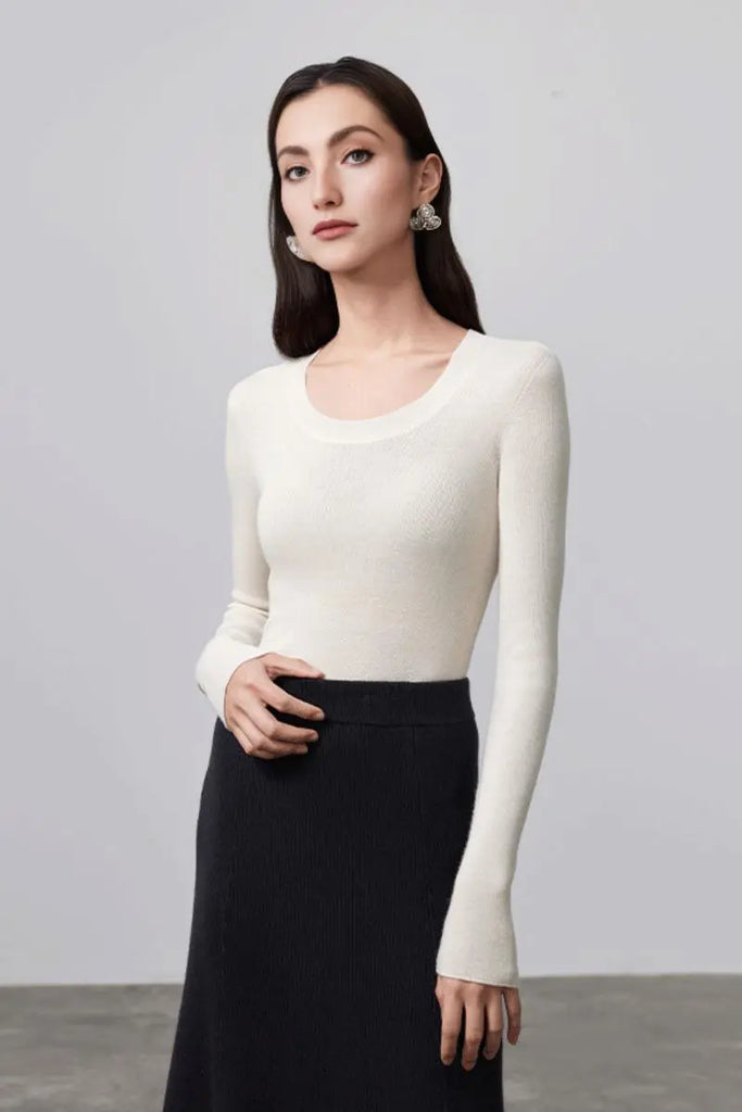 Fibflx Women's Wool Silk Seamless Knit U Neck Sweater