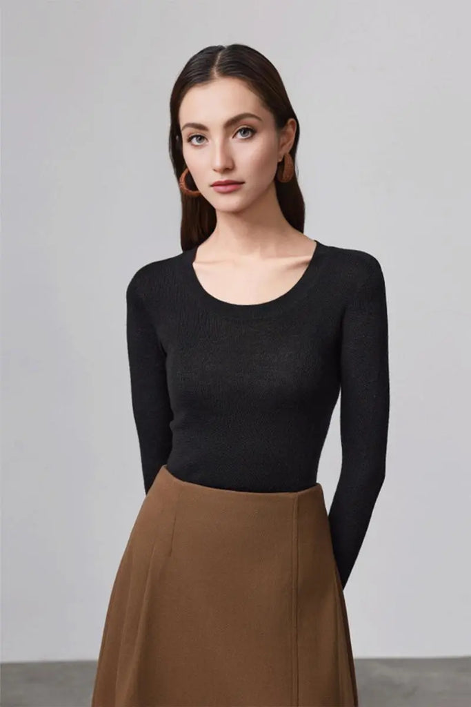 Fibflx Women's Wool Silk Seamless Knit U Neck Sweater