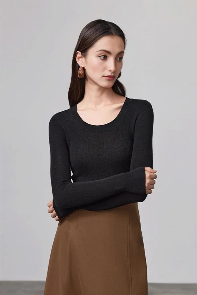 Fibflx Women's Wool Silk Seamless Knit U Neck Sweater