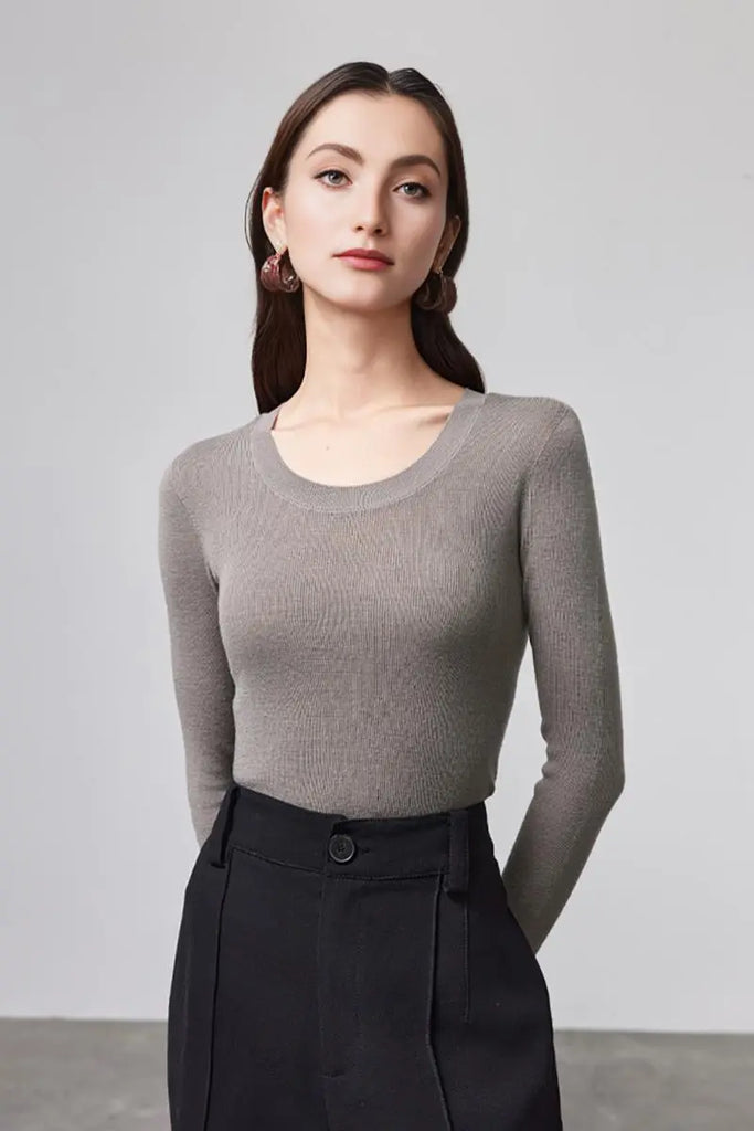 Fibflx Women's Wool Silk Seamless Knit U Neck Sweater