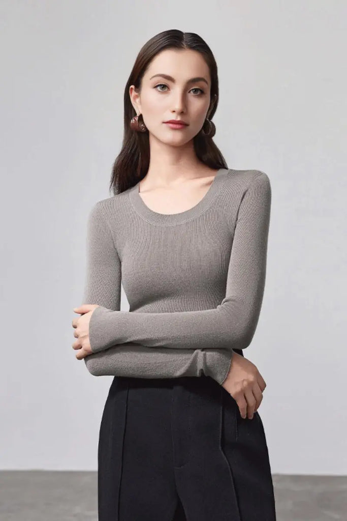 Fibflx Women's Wool Silk Seamless Knit U Neck Sweater