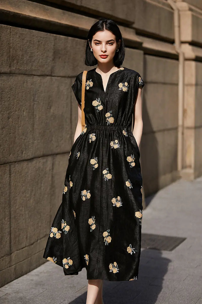 Xiang Yun Silk Floral Hand-Embroidery Midi Dress - Fibflx
