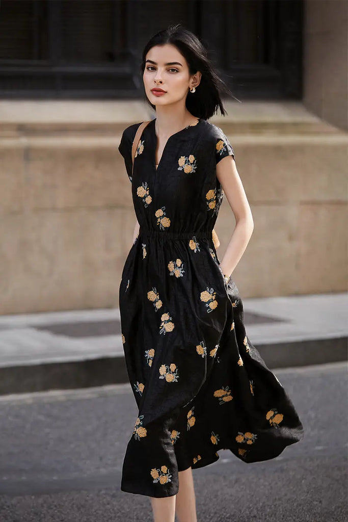 Xiang Yun Silk Floral Hand-Embroidery Midi Dress - Fibflx