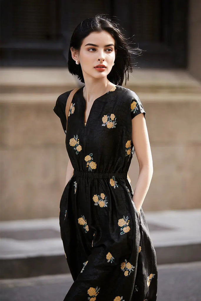 Xiang Yun Silk Floral Hand-Embroidery Midi Dress - Fibflx