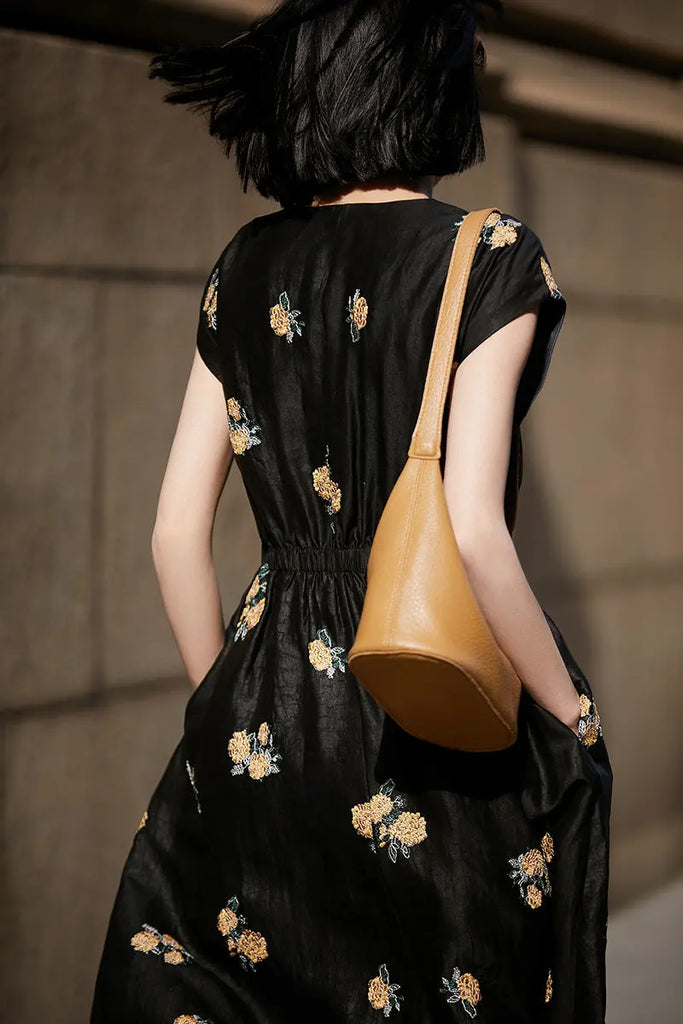 Xiang Yun Silk Floral Hand-Embroidery Midi Dress - Fibflx