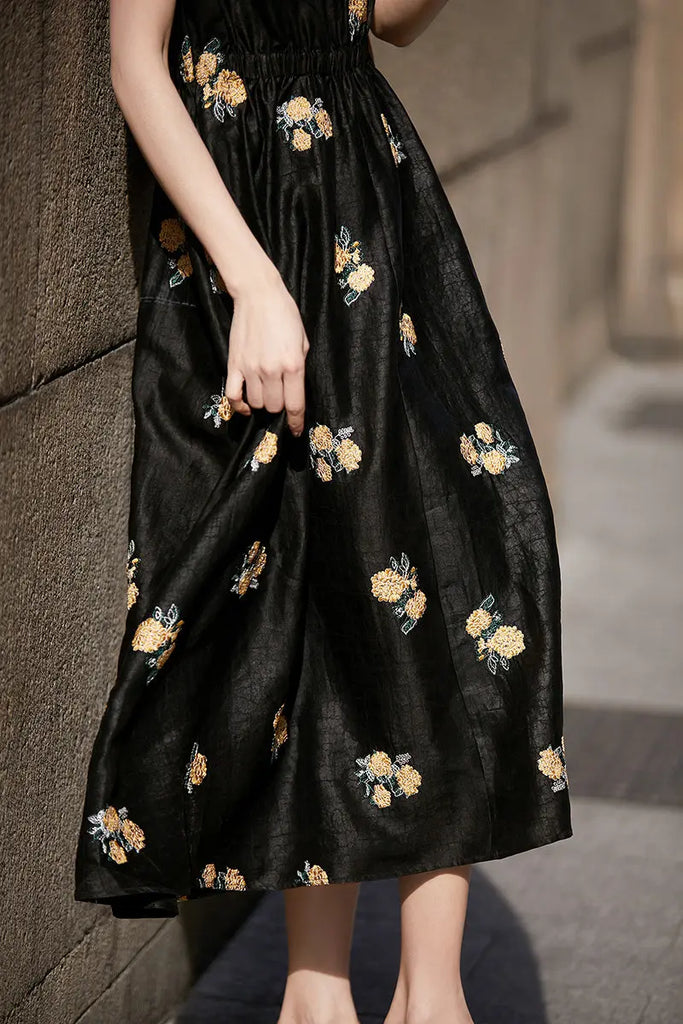 Xiang Yun Silk Floral Hand-Embroidery Midi Dress - Fibflx