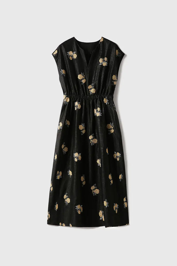 Xiang Yun Silk Floral Hand-Embroidery Midi Dress - Fibflx