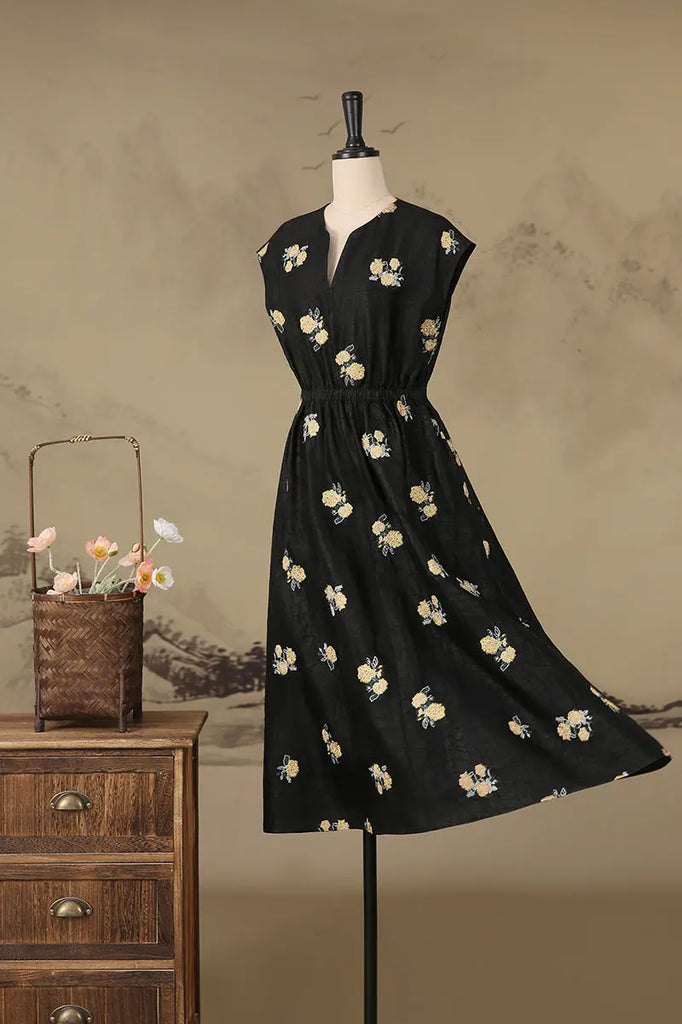 Xiang Yun Silk Floral Hand-Embroidery Midi Dress - Fibflx