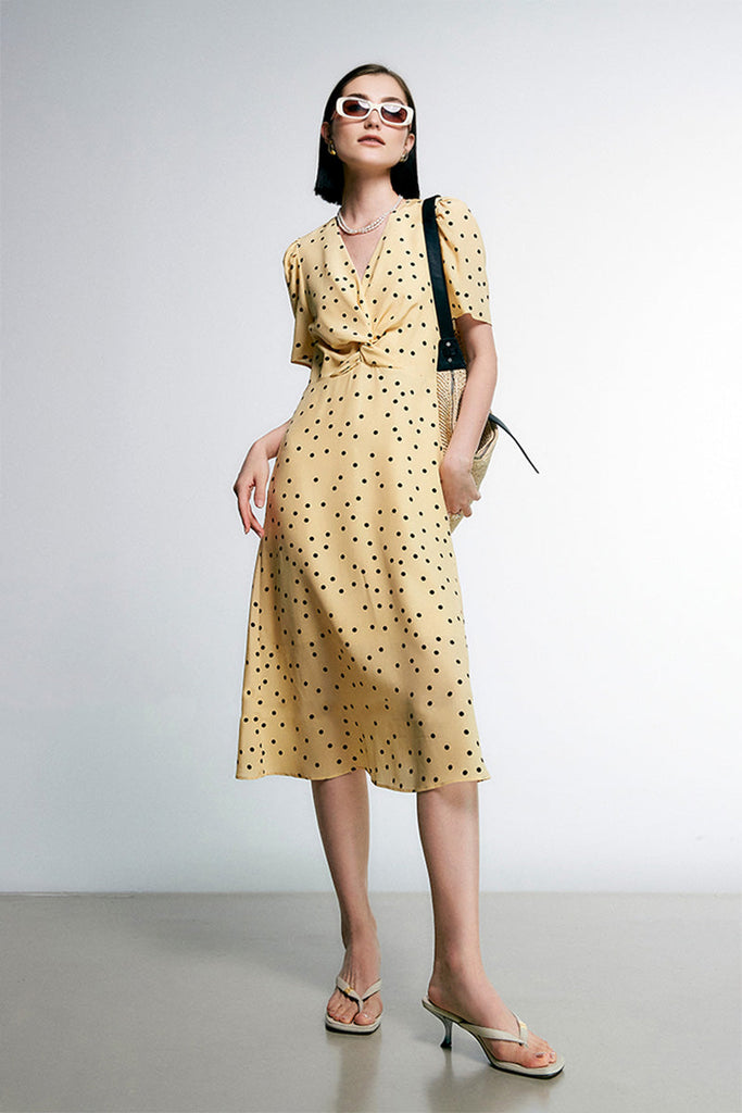 Yellow 100 Silk Charmeuse Polka Dot Midi Dress Fibflx