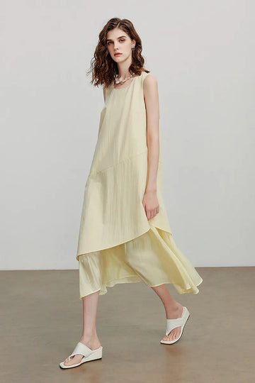 Yellow Flowy Asymmetrical Sleeveless Trapeze Midi Dress Fibflx