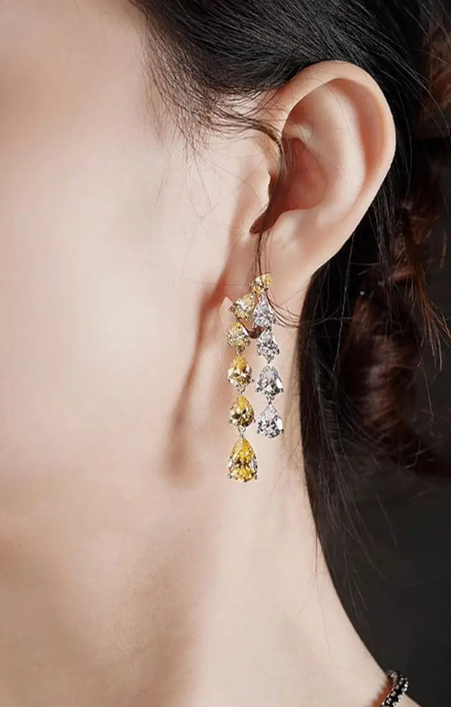 Fibflx Women's Yellow Lab Grown Diamond Pear Dangle Earrings in Rhodium Plated Sterling Silver