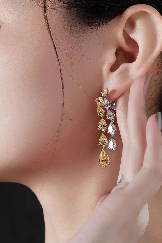 Fibflx Women's Yellow Lab Grown Diamond Pear Dangle Earrings in Rhodium Plated Sterling Silver