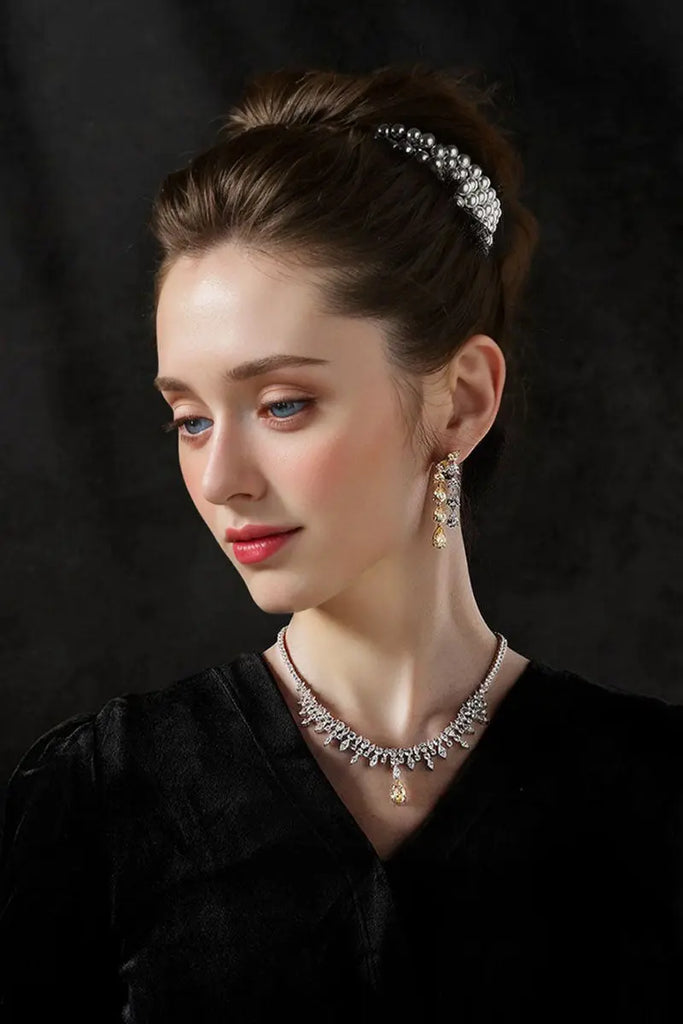 Fibflx Women's Yellow Lab Grown Diamond Pear Dangle Earrings in Rhodium Plated Sterling Silver