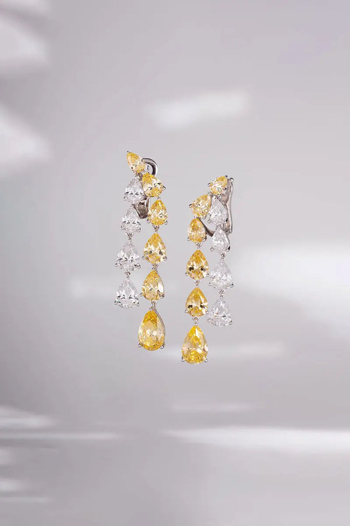 Fibflx Women's Yellow Lab Grown Diamond Pear Dangle Earrings in Rhodium Plated Sterling Silver