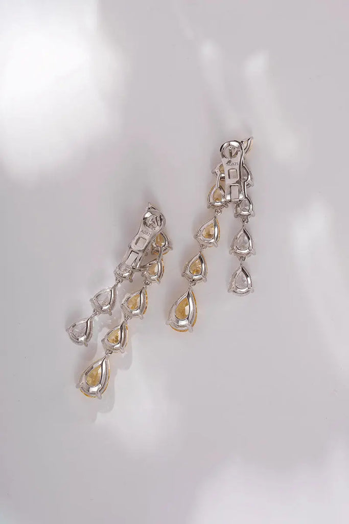 Fibflx Women's Yellow Lab Grown Diamond Pear Dangle Earrings in Rhodium Plated Sterling Silver