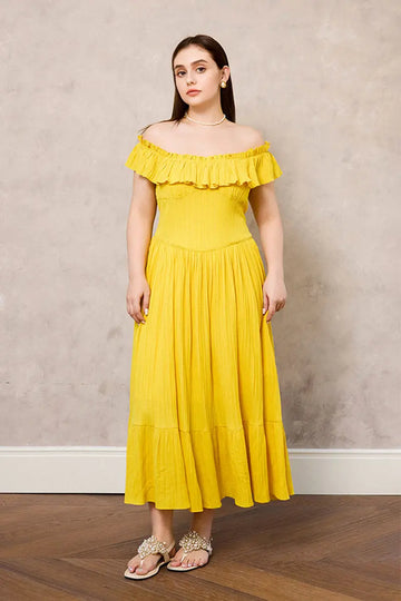 Yellow Off-the-Shoulder Ruffled Fit & Flare Midi Dress - Fibflx